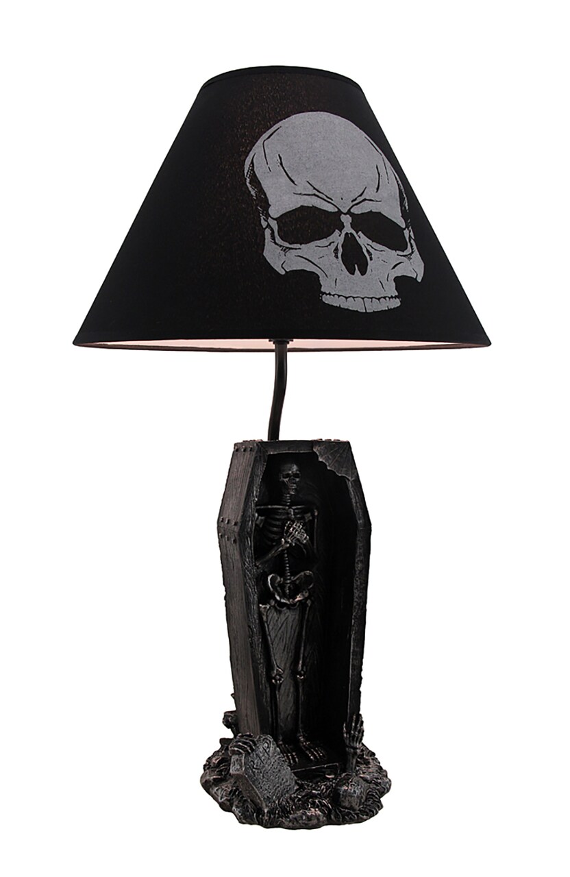 The Gloaming Skeleton in a Coffin Table Lamp and Fabric Skull Shade